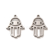 304 Stainless Steel Pendants, Hollow Hamsa Hand with Eye Charms, Stainless Steel Color, 15x11.5x1mm, Hole: 0.9mm(STAS-L022-128P)