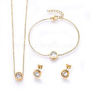 304 Stainless Steel Jewelry Sets, Pendant Necklaces & Stud Earrings & Bracelets, with Cubic Zirconia, Flat Round, Golden, 17.7 inch(45cm), 180mm, 9~10x4mm, pin: 0.8mm(SJEW-H137-24G)
