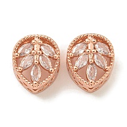 Rack Plating Brass Micro Pave Cubic Zirconia Beads, Long-Lasting Plated, Lead Free & Cadmium Free, Teardrop with Leaf, Rose Gold, 11.5x9.8x6mm, Hole: 3mm(KK-A220-12RG)