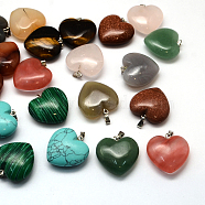 Heart Natural & Synthetic Mixed Stone Pendants, with Platinum Tone Brass Findings, 24~26x25~26x9~10mm, Hole: 2x7mm(G-Q355-M)