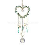 Natural Green Aventurine Chip Beads with Brass Findings Pendant Decorations, Heart Hanging Suncatcher, 252~270mm(HJEW-JM01814-03)