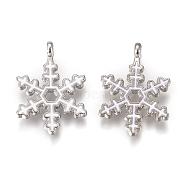 Platinum Plated Alloy Pendants, with Enamel & Crystal Rhinestone, Snowflake, for Christmas, White, 21x15x1.8mm, Hole: 1.8mm(X-PALLOY-L228-010P)