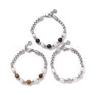 Round Mixed Gemstone & Natural Pearl Beaded Bracelet for Girl Women, 201 Stainless Steel Chain Bracelet, Stainless Steel Color, 7-5/8 inch(19.5cm)(BJEW-F418-07)