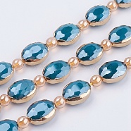 Opaque Glass Beads Strands, with Brass Findings, Pearl Luster Plated, Faceted, Oval, Golden, Dark Cyan, 12x16x7.5mm, Hole: 1mm, about 10pcs/strand, 8.2 inch (21cm)(EGLA-K013-PL-07D)