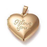Valentine's Day Ion Plating(IP) 304 Stainless Steel Locket Pendants, Photo Frame Charms for Necklaces, Heart with Word I Love You, Real 18K Gold Plated, 29x29x7mm, Hole: 3x7mm, Inner Size: 16x21mm(X-STAS-K197-08G)