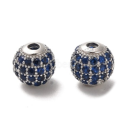 Rhodium Plated 925 Sterling Silver Micro Pave Cubic Zirconia Beads, Round, Real Platinum Plated, Dark Blue, 8x7.5mm, Hole: 2.2mm(STER-H110-24B-05P)