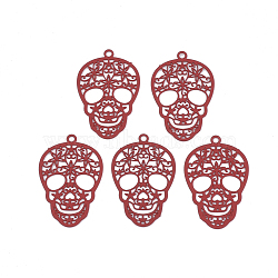 430 Stainless Steel Filigree Pendants, Spray Painted, Etched Metal Embellishments, Skull, Dark Red, 23x15x0.5mm, Hole: 1.2mm(STAS-S108-23D)