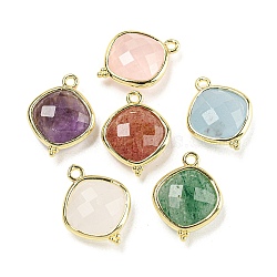 Natural Mixed Gemstone Pendants, Rack Plating Golden Plated Brass Faceted Rhombus Charms, Mixed Dyed and Undyed, 19x14.5x5.5mm, Hole: 1.6mm(G-M431-12G)