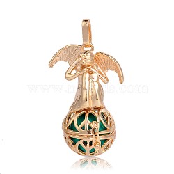 Golden Plated Brass Hollow Round Cage Pendants, with No Hole Spray Painted Brass Round Beads, Angel, Sea Green, 44x29x20mm, Hole: 3x8mm(KK-J249-07G)