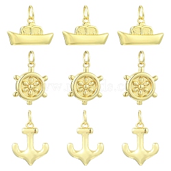 9Pcs 3 Styles Helm & Ship Charms Brass Pendants, Long-Lasting Plated, Rack Plating, Real 18K Gold Plated, 14~16x9~12.5x2.5~5mm, Hole: 3mm, 3pcs/style(KK-CJ0005-75)