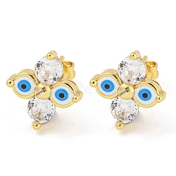 Flower with Evil Eye Real 18K Gold Plated Brass Stud Earrings, with Enamel and Cubic Zirconia, White, 11.5x11mm(EJEW-L269-101G-02)