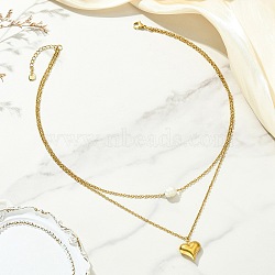 Natural Pearl Rice and 304 Stainless Steel Pendant Double Layer Necklaces for Women, Golden, White, Heart, 16.61 inch(42.2cm), pendant: 17x16.5x6mm(NJEW-JN06211-02)