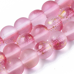 Frosted Spray Painted Glass Beads Strands, with Golden Foil, Round, Camellia, 8~9mm, Hole: 1.2~1.5mm, about 46~56pcs/Strand, 14.37 inch~16.3 inch(36.5~41.4cm)(GLAA-N035-03C-C04)