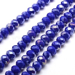 Electroplate Opaque Solid Color Crystal Glass Rondelle Beads Strands, Faceted, AB Color Plated, Blue, 10x7mm, Hole: 1mm, about 63~65pcs/strand, 49~50cm(EGLA-F047A-12AB)