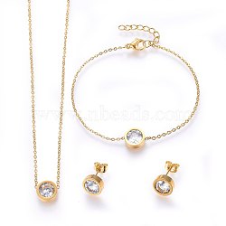 304 Stainless Steel Jewelry Sets, Pendant Necklaces & Stud Earrings & Bracelets, with Cubic Zirconia, Flat Round, Golden, 16.93 inches(43cm); 180mm; 9~10x4mm; pin: 0.8mm(SJEW-H137-24G)