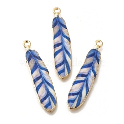 Alloy Enamel Pendants, Golden, Feather Charm, Royal Blue, 38x8.5x1.5mm, Hole: 1.6mm(FIND-G078-34G-02)