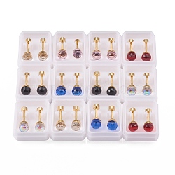 304 Stainless Steel Earlobe Plugs, Screw Back Earrings, with Glass, Round, Golden, Mixed Color, 15mm, Pin: 1mm(EJEW-H105-06)