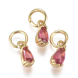 Brass Micro Pave Cubic Zirconia Charms, with Jump Ring, Long-Lasting Plated, Real 18K Gold Plated, Faceted, Teardrop, Deep Pink, 8x3x3mm, Hole: 3mm(ZIRC-F111-04G-02)