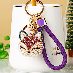 Full Rhinestone Pearl Fox Head Pendant Keychain, with Zinc Alloy Findings and Polyester Cord, for Women's Bag Pendant Decorations, Purple, 100mm(WG98948-05)