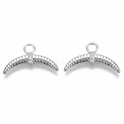 Brass Micro Pave Cubic Zirconia Pendants, Nickel Free, Moon, Clear, Real Platinum Plated, 12x20.5x2.5mm, Hole: 2.5mm(KK-R130-024P-NF)