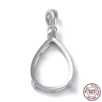 Rhodium Plated Rack Plating 925 Sterling Silver Pendants Cabochon Settings, Teardrop Prong Basket Setting, with 925 Stamp, Real Platinum Plated, 25x12x6mm, Hole: 3x4.5mm