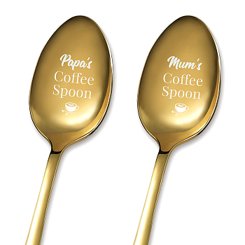 Stainless Steel Spoons Set, with Packing Box, Word Papa’s Coffee Spoon & Mum’s Coffee Spoon, Golden Color, Cup Pattern, 182x43mm, 2pcs/set