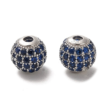 Rhodium Plated 925 Sterling Silver Micro Pave Cubic Zirconia Beads, Round, Real Platinum Plated, Dark Blue, 8x7.5mm, Hole: 2.2mm