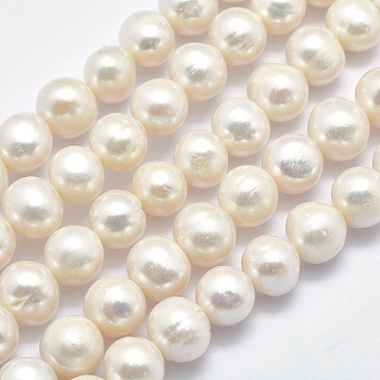 Natural Cultured Freshwater Pearl Beads Strands, Round, Beige, 9~10mm, Hole: 0.8mm, about 46pcs/strand, 15.3 inch(39cm)
