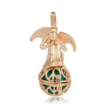 Golden Plated Brass Hollow Round Cage Pendants, with No Hole Spray Painted Brass Round Beads, Angel, Sea Green, 44x29x20mm, Hole: 3x8mm