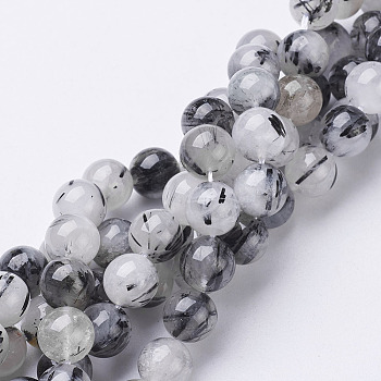 Natural Black Rutilated Quartz Beads Strands, Round, 10mm, Hole: 1mm, 19pcs/strand, 8 inch