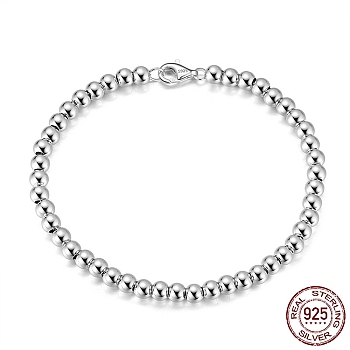Rhodium Plated 925 Sterling Silver Round Ball Chain Bracelets, with S925 Stamp, Platinum, 6-1/2 inch(16.5cm)