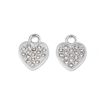 304 Stainless Steel Charms, with Crystal Rhinestone, Heart, Stainless Steel Color, 13x10x2mm, Hole: 2mm