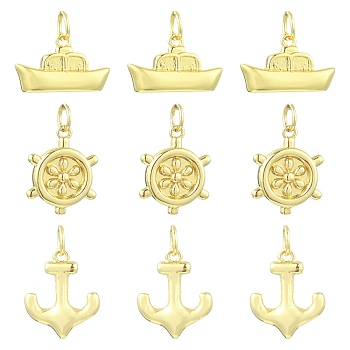 9Pcs 3 Styles Helm & Ship Charms Brass Pendants, Long-Lasting Plated, Rack Plating, Real 18K Gold Plated, 14~16x9~12.5x2.5~5mm, Hole: 3mm, 3pcs/style