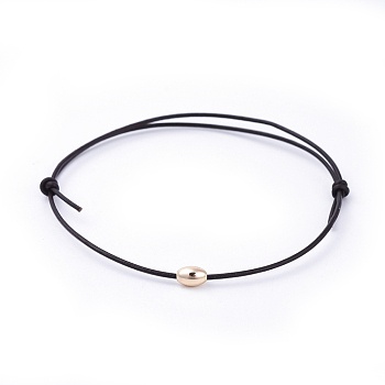 Adjustable Cowhide Leather Cord Bracelets, with Brass  Beads, Oval, Black, Real 18K Gold Plated, 1-7/8 inch(4.8cm)