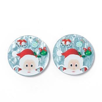 Christmas Printed Acrylic Pendants, Flat Round with Santa Claus, Light Blue, 40x2~2.5mm, Hole: 1.5~1.6mm