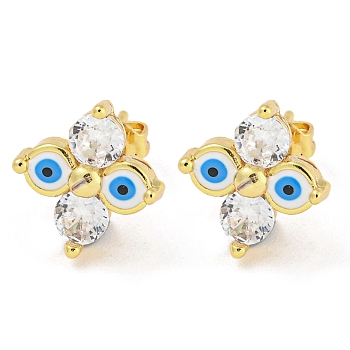 Flower with Evil Eye Real 18K Gold Plated Brass Stud Earrings, with Enamel and Cubic Zirconia, White, 11.5x11mm