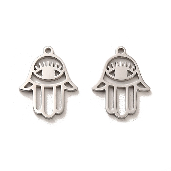 304 Stainless Steel Pendants, Hollow Hamsa Hand with Eye Charms, Stainless Steel Color, 15x11.5x1mm, Hole: 0.9mm