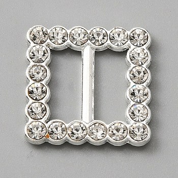 Alloy Crystal Rhinestone Shoe Decoration, Tri Glide Slide Buckles, Square Pattern, 16x16x2mm, Hole: 10x4mm