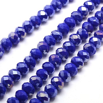 Electroplate Opaque Solid Color Crystal Glass Rondelle Beads Strands, Faceted, AB Color Plated, Blue, 10x7mm, Hole: 1mm, about 63~65pcs/strand, 49~50cm