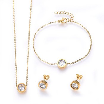 304 Stainless Steel Jewelry Sets, Pendant Necklaces & Stud Earrings & Bracelets, with Cubic Zirconia, Flat Round, Golden, 17.7 inch(45cm), 180mm, 9~10x4mm, pin: 0.8mm