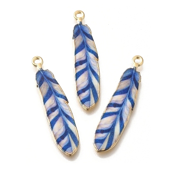 Alloy Enamel Pendants, Golden, Feather Charm, Royal Blue, 38x8.5x1.5mm, Hole: 1.6mm