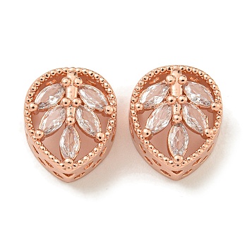 Rack Plating Brass Micro Pave Cubic Zirconia Beads, Long-Lasting Plated, Lead Free & Cadmium Free, Teardrop with Leaf, Rose Gold, 11.5x9.8x6mm, Hole: 3mm