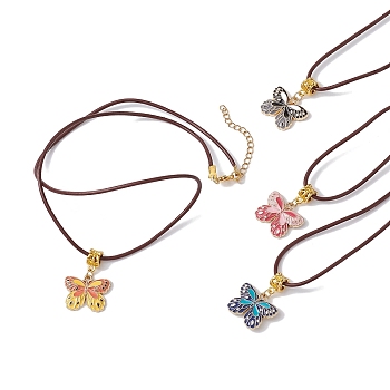 Alloy Enamel Butterfly Pendant Necklaces, with Cowhide Leather Cord, Mixed Color, 19.61~19.80 inch(49.8~50.3cm)