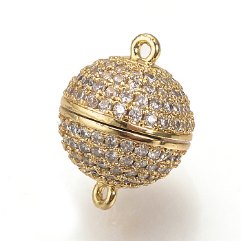Brass Micro Pave Cubic Zirconia Magnetic Clasps with Loops, Round, Golden, 12x8mm, Hole: 1mm