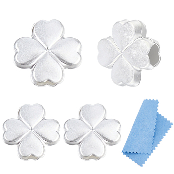4Pcs Saint Patrick's Day 925 Sterling Silver Textured Beads, Clover, with 1Pc Suede Fabric Square Silver Polishing Cloth, Silver, 8.7x9x4.5~4.8mm, Hole: 2.9mm