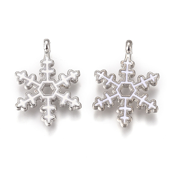 Platinum Plated Alloy Pendants, with Enamel & Crystal Rhinestone, Snowflake, for Christmas, White, 21x15x1.8mm, Hole: 1.8mm