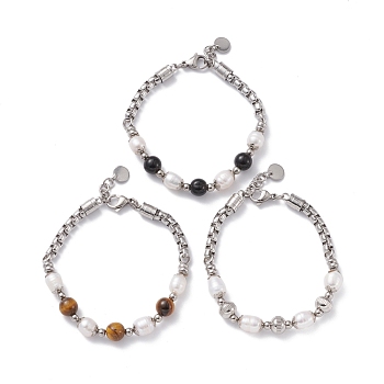 Round Mixed Gemstone & Natural Pearl Beaded Bracelet for Girl Women, 201 Stainless Steel Chain Bracelet, Stainless Steel Color, 7-5/8 inch(19.5cm)