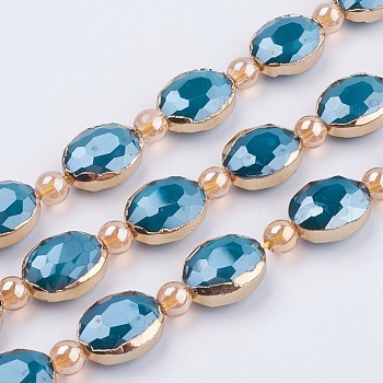 Opaque Glass Beads Strands, with Brass Findings, Pearl Luster Plated, Faceted, Oval, Golden, Dark Cyan, 12x16x7.5mm, Hole: 1mm, about 10pcs/strand, 8.2 inch (21cm)