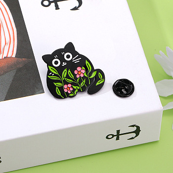 Love Cat Flower Grass Alloy Enamel Pin Badge, Cute Cartoon Brooch, Clothes Decorations Bag Accessories, Green Yellow, 30x30mm