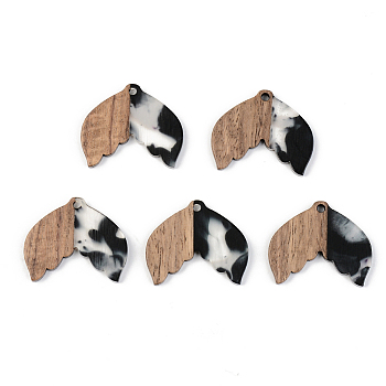 Transparent Resin & Walnut Wood Pendants, Fishtail Shape, Black, 23x28x3mm, Hole: 2mm